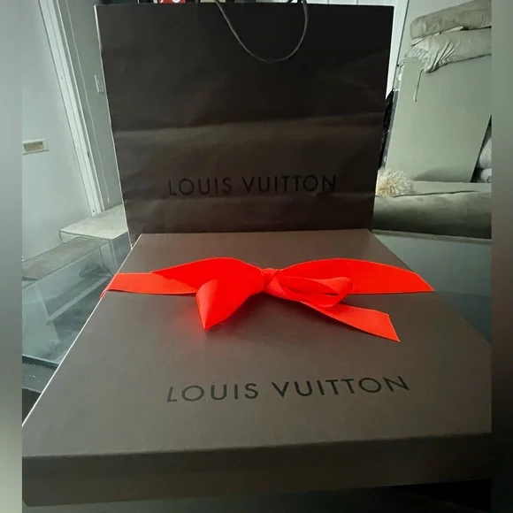 Louis Vuitton Dark Brown Box with Vibrant Red Ribbon